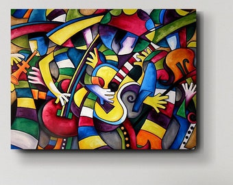 Mariachi Loco Abstract Unique painting on Stretched Canvas. Mexican Colorful Art Piece Mexican Folklore Guitarist and Musicians Wall Art.