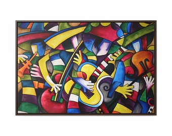 Mariachi Loco Abstract Painting on Premium Framed Canvas. Mexican Art Piece, Folklore Guitarist and Musicians Wall Art. 36&#39;&#39; × 24&#39;&#39;