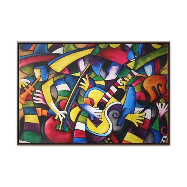 Mariachi Loco Abstract Painting on Premium Framed Canvas. Mexican Art Piece, Folklore Guitarist and Musicians Wall Art. 36'' × 24''