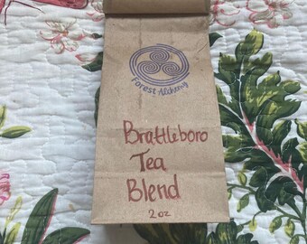 Handcrafted ~ Brattleboro Tea Blend ~ Reishi, Tulsi, Peach ~ all sustainably sourced within 20mi of Brattleboro, VT ~ 2oz hot or iced