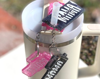 Mama Stanley Topper & Charm 40 OZ Lid | Black Sparkly Accessory | White Words Mama Design With Mama Cup Charm | Keychain Set For Mothers