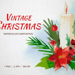 Vintage Weihnachten digitale Aquarell Zusammensetzung mit Tannenzweige, Poinsenttia und Kerze - Urlaub Clipart - digitale Weihnachtspostkarte