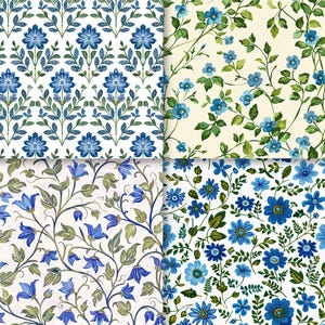 7 Blue Flowers Seamless Pattern | Floral Digital Paper | Blue Floral Print | Botanical Scrapbooking  | Garden Fabric | Commercial Use