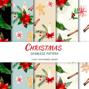 Watercolor Christmas seamless pattern, Xmas Digital Papers with Christmas symbol,  Holiday design, Wrapping Paper