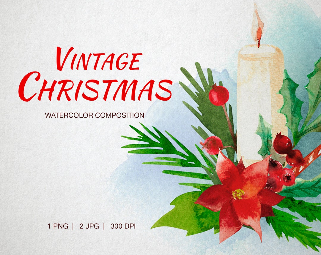 Vintage Christmas Digital Watercolor Composition With Fir Branches ...