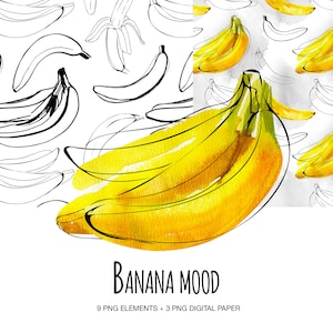 Banana set digital clipart Watercolor and ink. Bananas seamless pattern. Downloadable watercolor clipart. Digital Collage