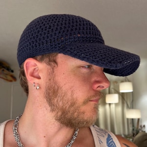 Crochet Baseball Cap - Handmade Hat - Hard Brimmed Hat for Adults - Navy