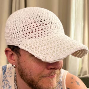Crochet Baseball Cap - Handmade Hat - Hard Brimmed Hat for Adults - White
