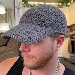 Crochet Baseball Cap - Handmade Hat - Hard Brimmed Hat for Adults - Gray