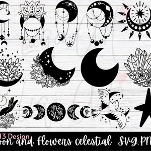 Mond und Blumen celestial SVG, Celestial Moon Svg, Celestial Moon Svg, Floral Moon Svg, Moon Sv, Celestial Moon Svg, Moon Clipart, Moon Flower Svg
