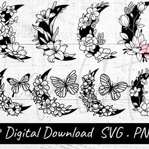 Halbmond Svg, FloralEr Mond Svg, Celestial Svg, Boho Svg, Floral Svg, Svg Dateien für CricutMoon Phase Svg, Flower Moon Svg, Mystical Svg