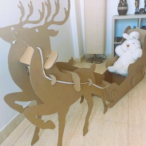 Planos para trineo de cartón de Papá Noel con renos DIY juguete de Navidad