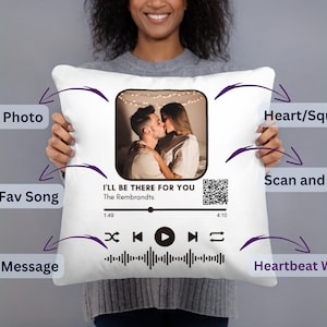 May include: White square cushion featuring a photo of a couple kissing, with the text "I'll Be There For You" and a music player interface. Includes a QR code and a heartbeat wave design. A personalized gift.