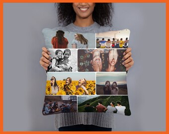 May include: A square cushion featuring a collage of nine photographs of friends and family. The images depict people smiling, laughing, and enjoying each other's company. The cushion is a great way to personalise your home and showcase your favourite memories.