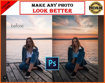 May include: Before and after image showing a woman sitting on a wooden dock. The before image shows a woman wearing a denim jacket and jeans with a sunset in the background. The after image shows the same woman with the same background, but the image has been edited to improve the colors and lighting. The text "MAKE ANY PHOTO LOOK BETTER" is at the top of the image. The text "Ps" is in the middle of the image.