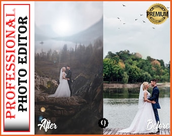 May include: A before and after photo showing a couple in wedding attire. The before photo shows the couple standing on a wooden dock by a lake with trees in the background. The after photo shows the couple standing on a large tree trunk in a foggy forest setting.