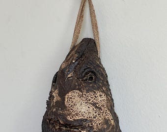 Charred Fish Wall Hanging — Hand-Built Ceramic Sculpture,  Dark Coastal Art