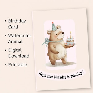 Cartão de aniversário para imprimir - Urso em aquarela com bolo | Download instantâneo | Cartão de aniversário fofo de animal | Cartão de felicitações faça você mesmo para crianças e adultos