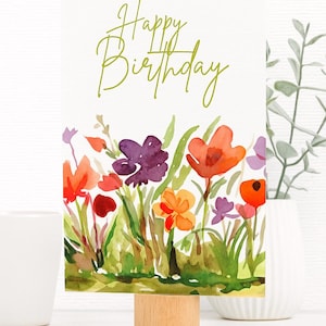 Carte d'anniversaire florale - carte de jardin aquarelle imprimable - téléchargement immédiat - voeux pliable 5 x 7 - carte numérique pour elle