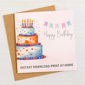 Cartão de bolo de aniversário colorido para imprimir, download instantâneo, dobrado em formato A2. Feliz aniversário, cartão faça você mesmo