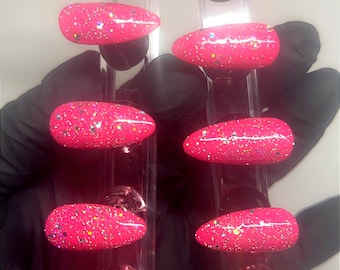 Hot Pink Sparkle Almond Nails