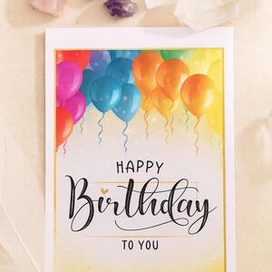 Cartão de aniversário com balão de arco-íris para impressão – Download instantâneo – Cartão de feliz aniversário em PDF