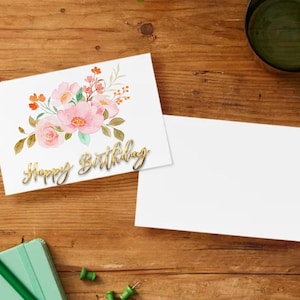 Cartão de Feliz Aniversário Floral Elegante - Cartão de Saudações para Imprimir - Flores em Aquarela Rosa - Download Instantâneo - Cartão Dobrado 5x7