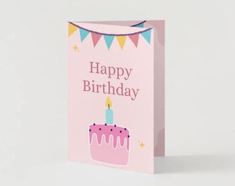 Printable Birthday Card | Pink Cake Happy Birthday Card | Instant Download | Foldable Digital Greeting Card | Print at Home