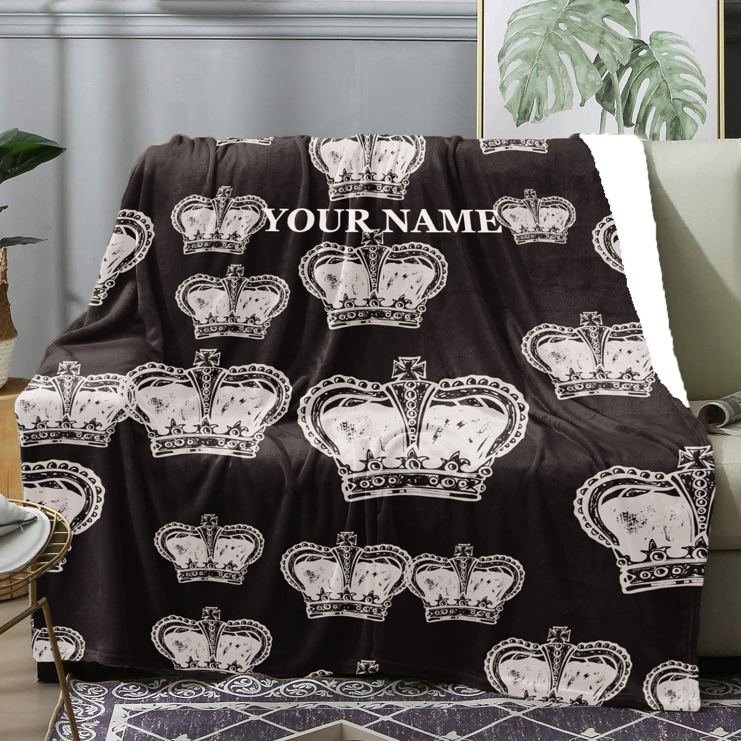 Crown Pattern Fleece Throw Blanket Personalized Baby Name Soft Etsy