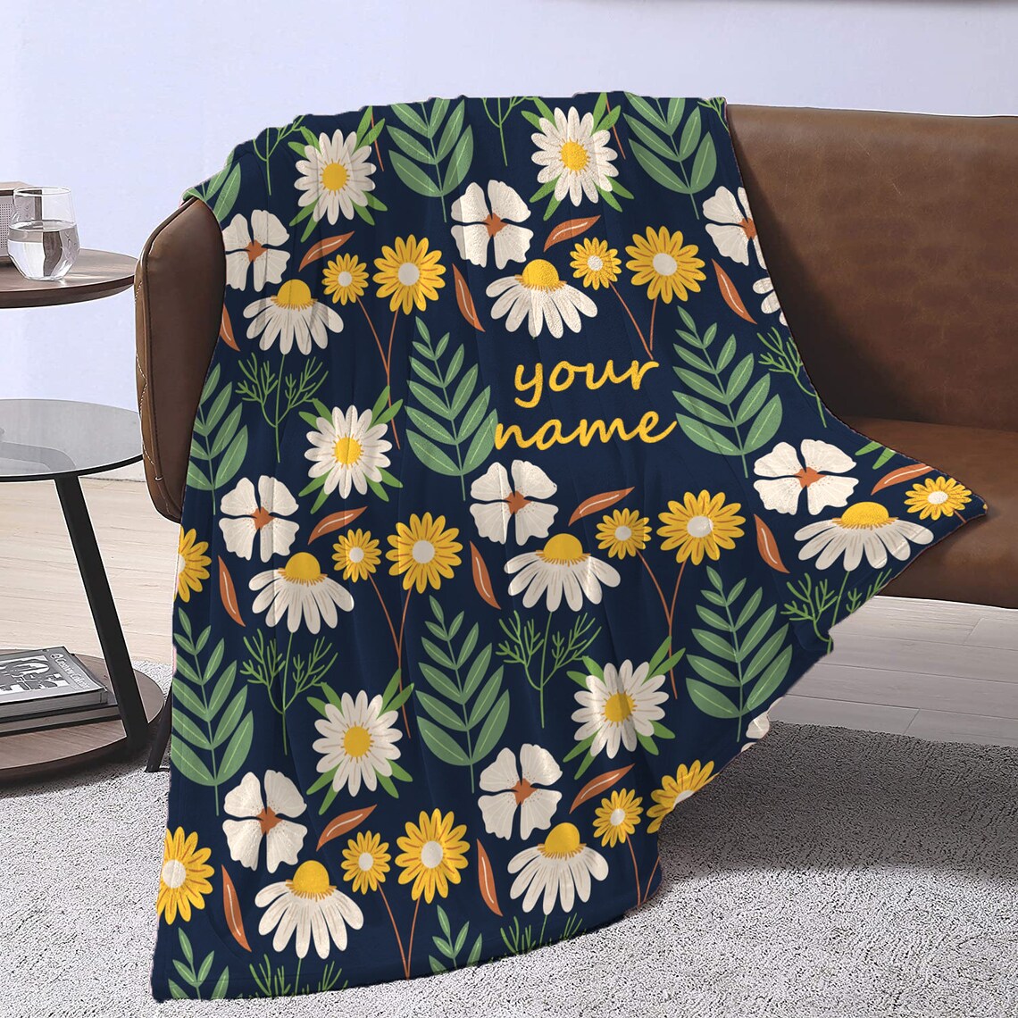 Yellow Flower Fleece Throw Blanket Personalized Baby Name Soft Etsy