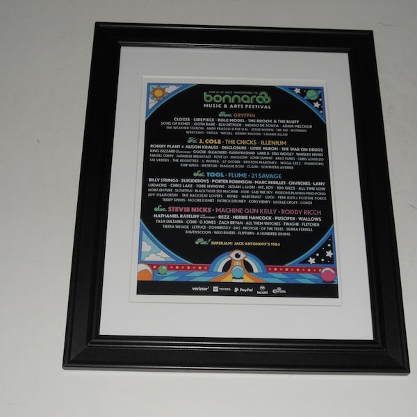 Framed Bonnaroo 2022 Poster Tool, MGK, The Chicks, Gryffin, Robert Plant, Stevie Nicks 14"x17"