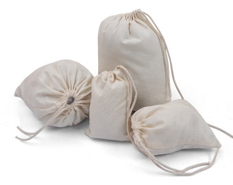 Cotton Single Drawstring Bags. 100% Organic Cotton Reusable Storage Muslin Bags - Cotton Produce Bag - Food Storage, Gift & Party Favor Bag
