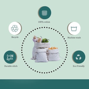 May include: Set of three white cotton reusable produce bags with drawstring closures. The bags are filled with various vegetables and grains. The image includes icons representing the bags' features: 100% cotton, machine washable, eco-friendly, recyclable, and durable stitch.