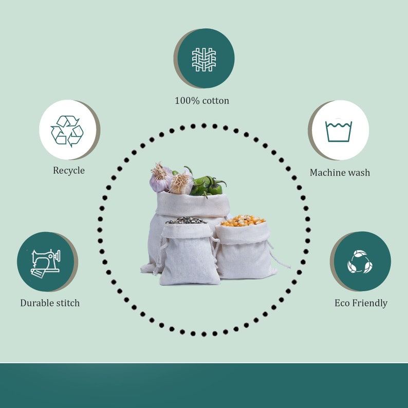 May include: Set of three white cotton reusable produce bags with drawstring closures. The bags are filled with various vegetables and grains. The image includes icons representing the bags' features: 100% cotton, machine washable, eco-friendly, recyclable, and durable stitch.