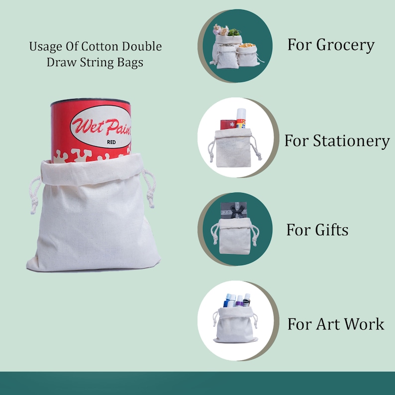 May include: White cotton drawstring bags with various items inside, including groceries, stationery, gifts, and art supplies. The bags are shown in a collage with text labels indicating their usage.
