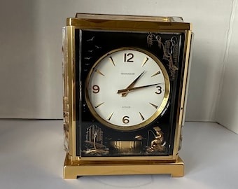 Rare Black Le COULTRE   Vintage ATMOS Lucite Marina CLOCK  Swiss 24 kt Gold Plate Brass With Glass 15Jewels