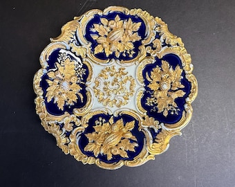 Antique Rare MEISSEN Porcelain Round PLATE and  GOLD Accent on Cobalt Hand Decoration