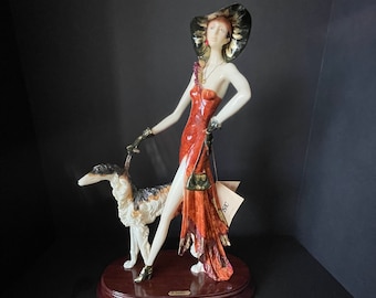 A. SANTINI  Vintage Figurine Art Deco LADY With Borzoi DOG 17" Hight