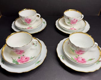 Juego de café antiguo de porcelana MEISSEN de 12 piezas, borde dorado y decorado con rosas