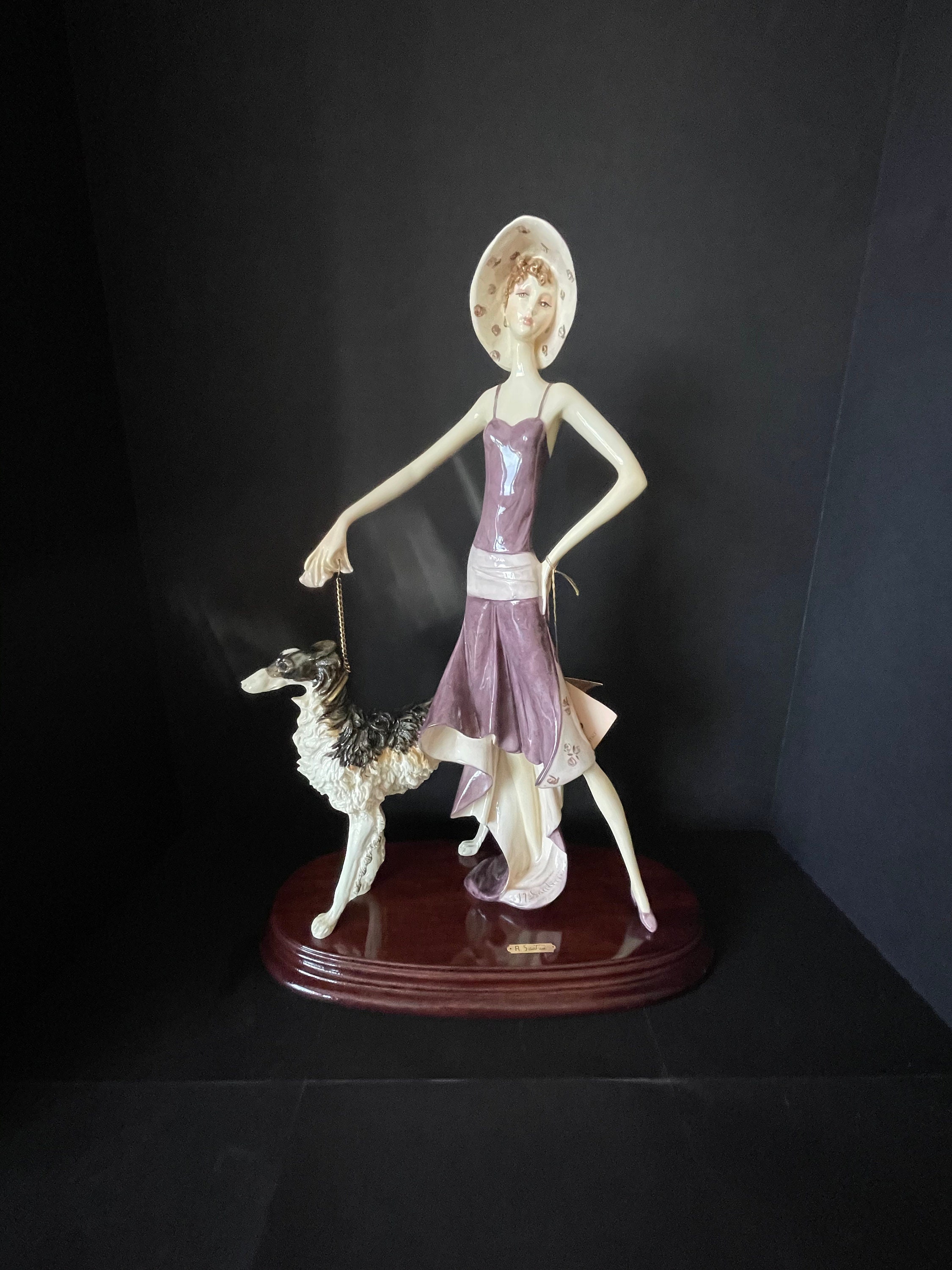 A. SANTINI Vintage Figurine Art Deco LADY With Borzoi DOG 19 Hight