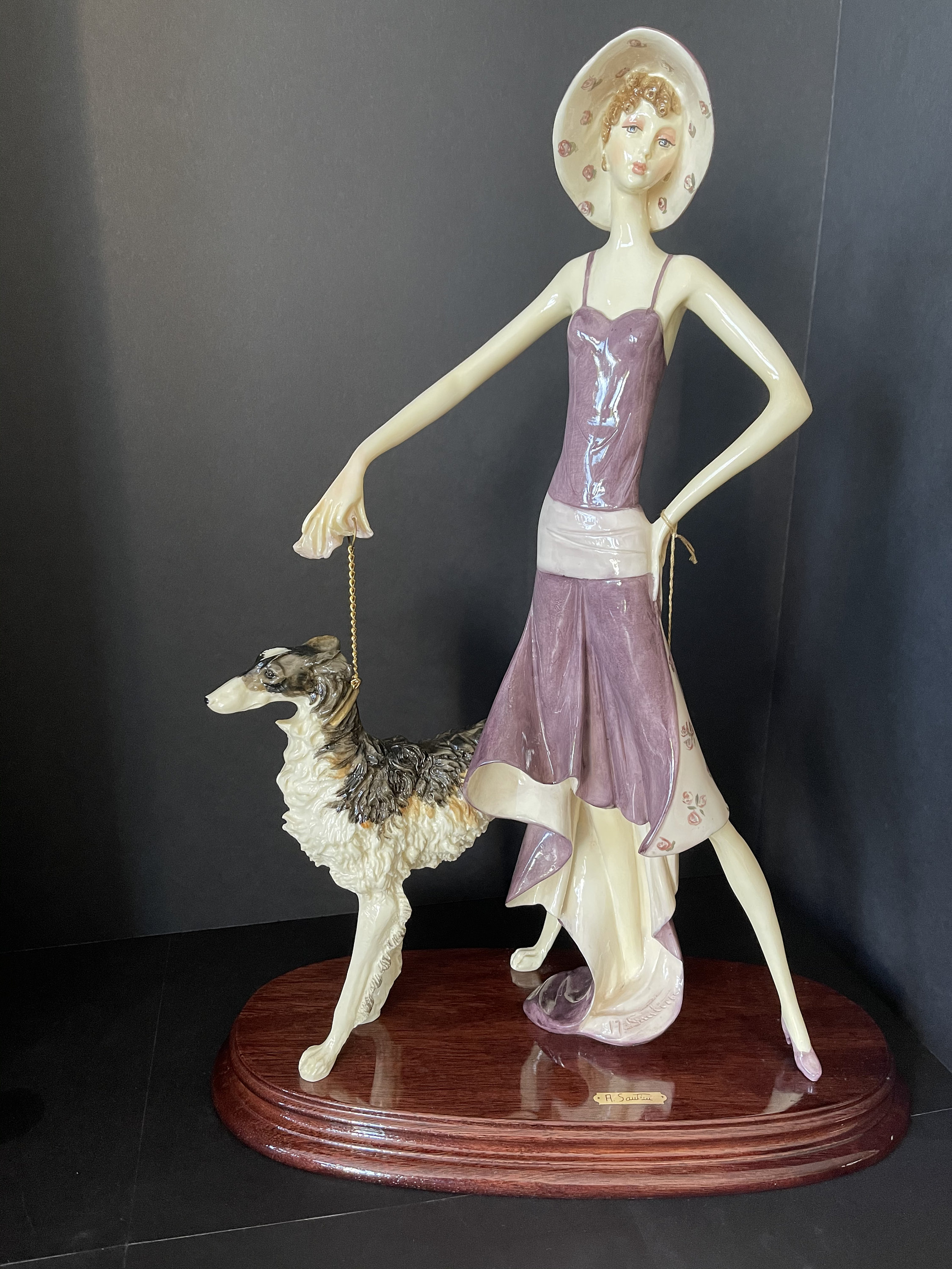 A. SANTINI Vintage Figurine Art Deco LADY With Borzoi DOG 19 Hight