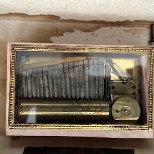 Pu&ograve; includere: Una scatola musicale vintage con un coperchio di vetro che rivela il funzionamento interno del meccanismo. La scatola musicale &egrave; in legno e ha una finitura dorata. Il meccanismo &egrave; in metallo e ha una finitura color ottone.
