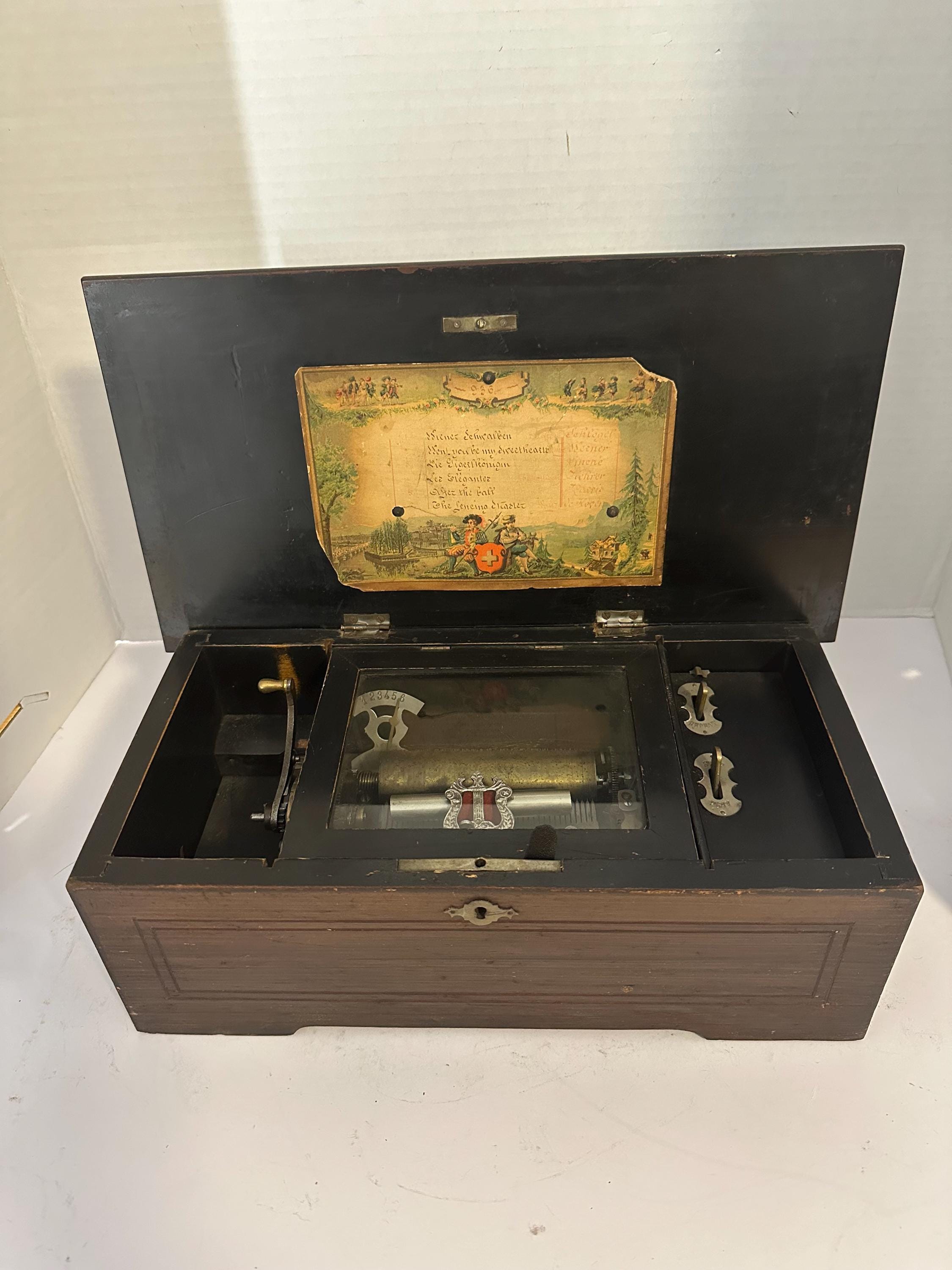 ANTIQUE Circa 1800 Swiss Working 14" Long MUSIC BOX Wooden Case With Decorative Inlaid