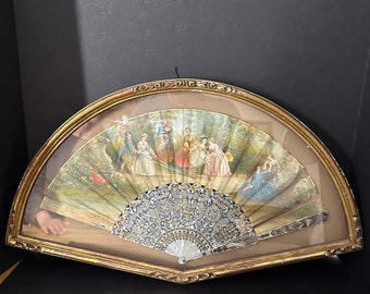 ANTIQUE VICTORIAN 19th Century France Hand FAN With Mother of Pearl in Frame