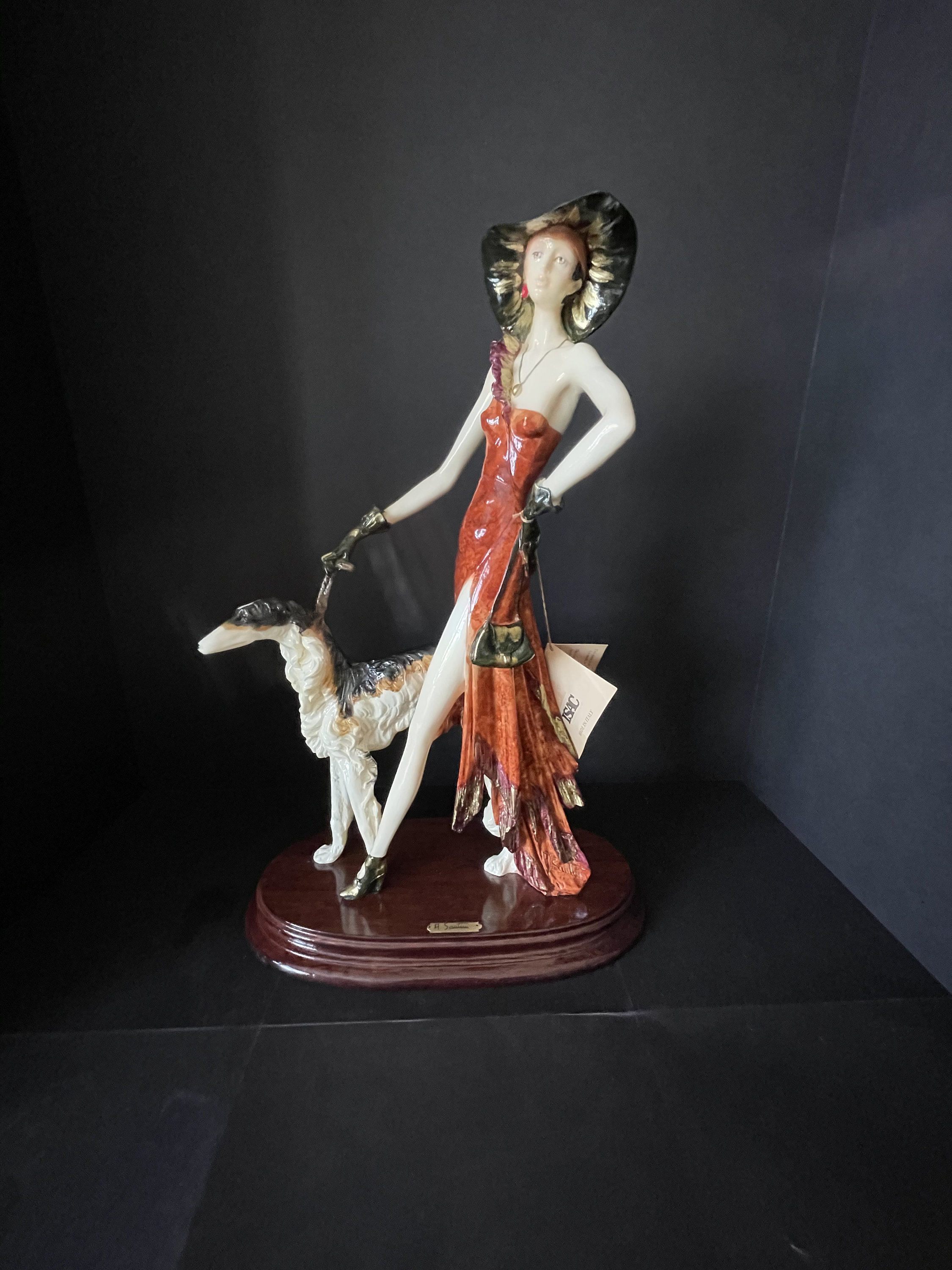 A. SANTINI Vintage Figurine Art Deco LADY With Borzoi DOG 17