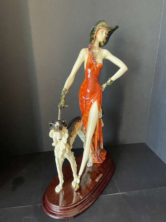 A. SANTINI Vintage Figurine Art Deco LADY With Borzoi DOG 17
