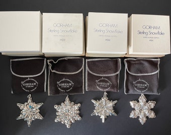 GORHAM Sterling SILVER 2.7 oz Vintage 4 pc 1970,71,72,75 SNOWFLAKES Limited Edition