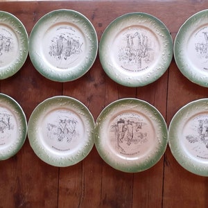Set of 8 French talking plates, K et G Lunéville, antique collectors plates, automobile, aviation,  transport, humour. Collectors gift