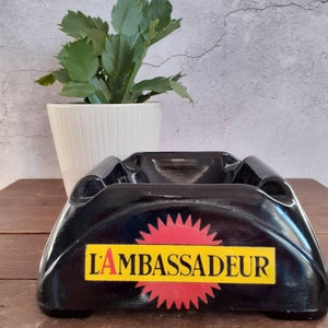 Vintage French bar ashtray, l&#39;Ambassadeur, black ashtray,glass ashtray, ceramic ashtray, collectable mancave, unique gift