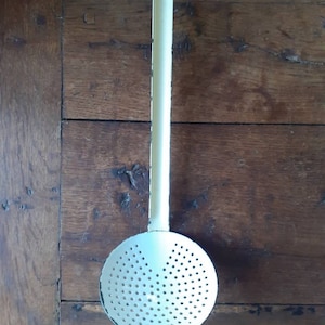 French enamel white and cream (pale yellow) skimmer, vintage enamel, rustic country kitchenalia